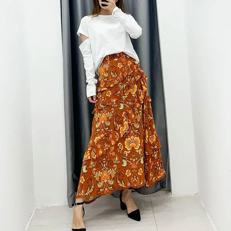 90s Fashion Retro Elastic Waist Paisley Ruffle Midi Skirt