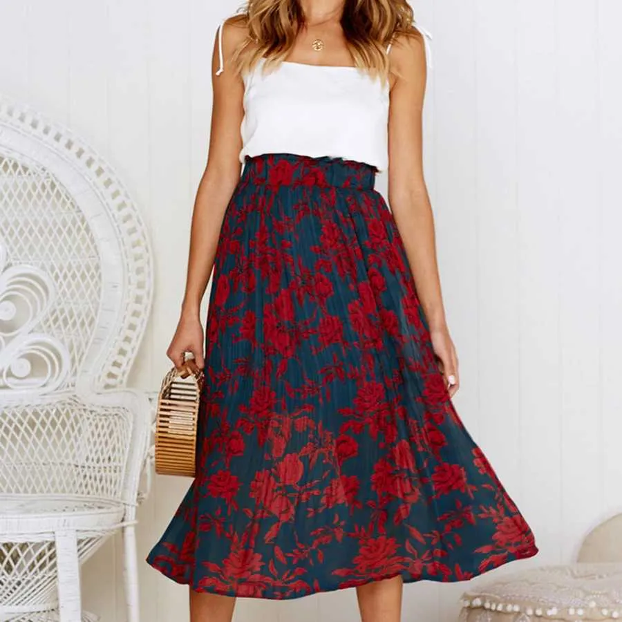 90s Fashion Retro Elastic Waist Paisley Ruffle Midi Skirt