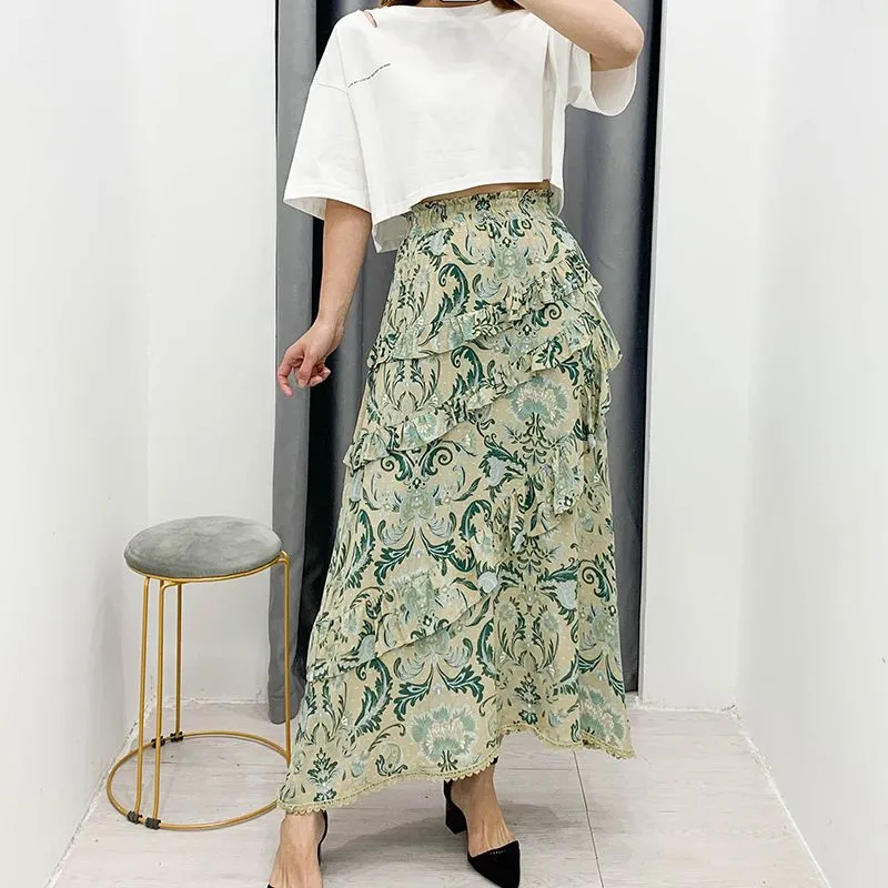 90s Fashion Retro Elastic Waist Paisley Ruffle Midi Skirt