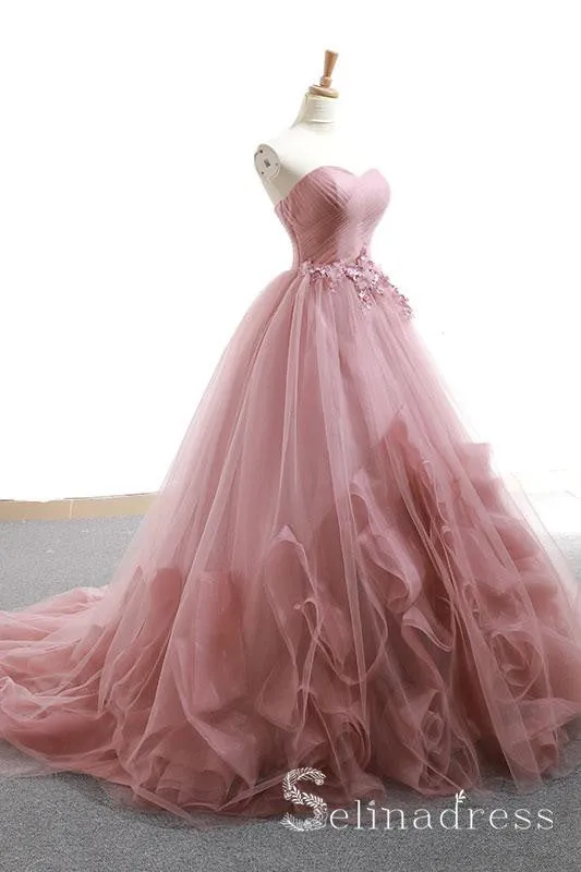 A-line Sweetheart Dust Pink Lace Long Prom Dress Princess Quinceanera SED035