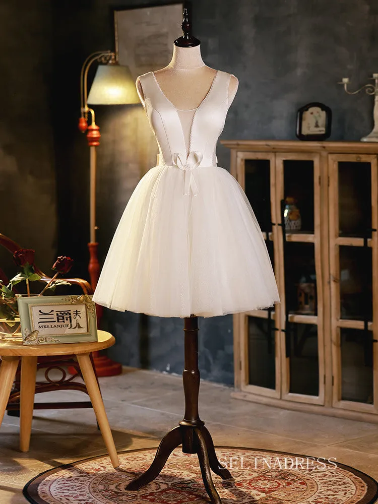 A-line V neck Custe Homecoming Dress White Short Prom Dresses EDS002