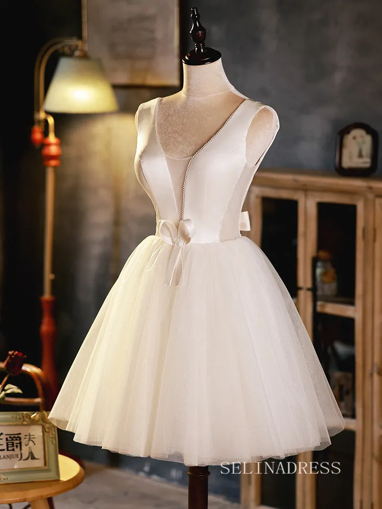 A-line V neck Custe Homecoming Dress White Short Prom Dresses EDS002