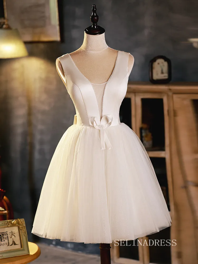 A-line V neck Custe Homecoming Dress White Short Prom Dresses EDS002