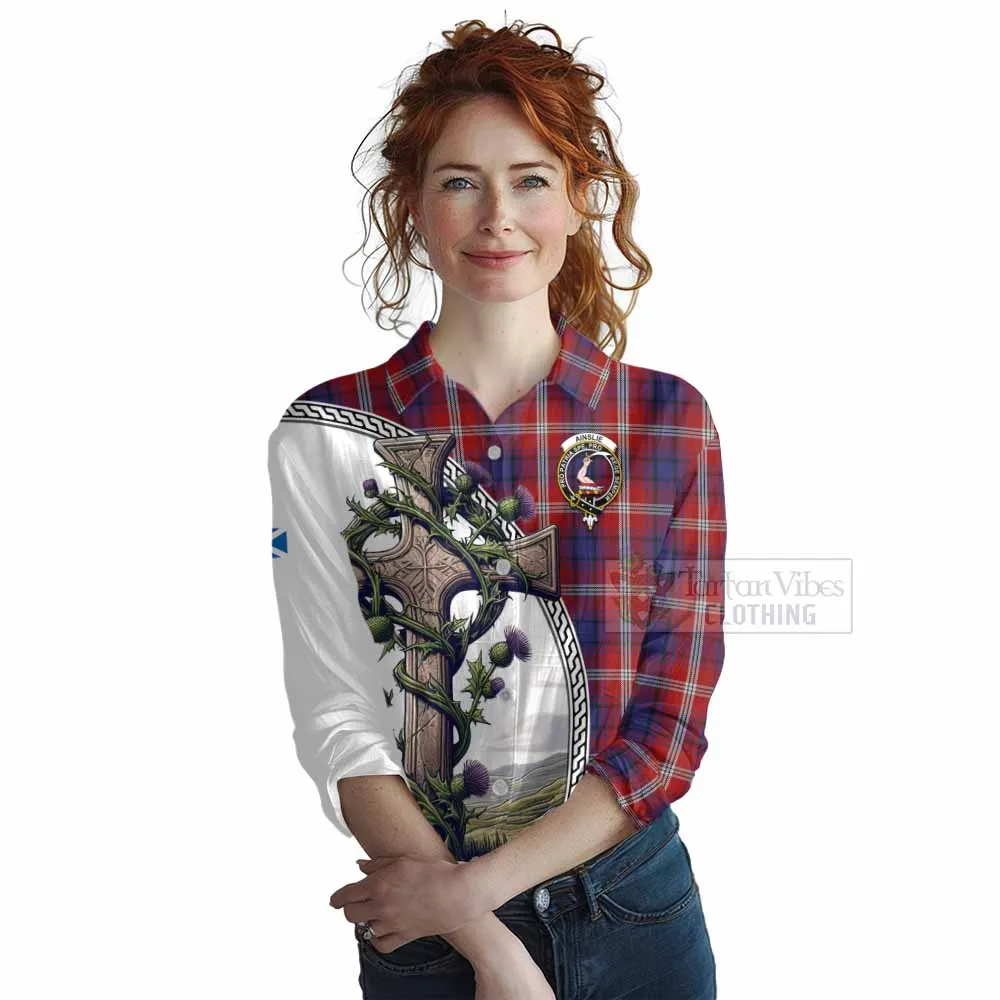 Ainslie Tartan Women's Casual Shirt with Family Crest and St. Andrew's Cross Accented by Thistle Vines