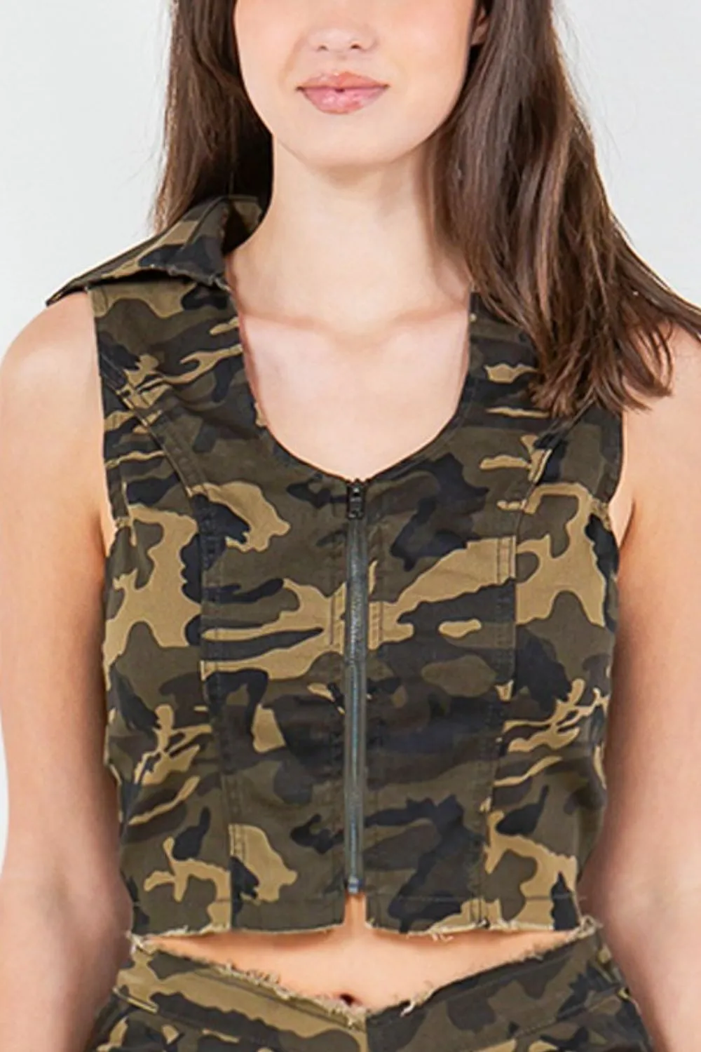 American Bazi Zip Up Camo Crop Denim Vest