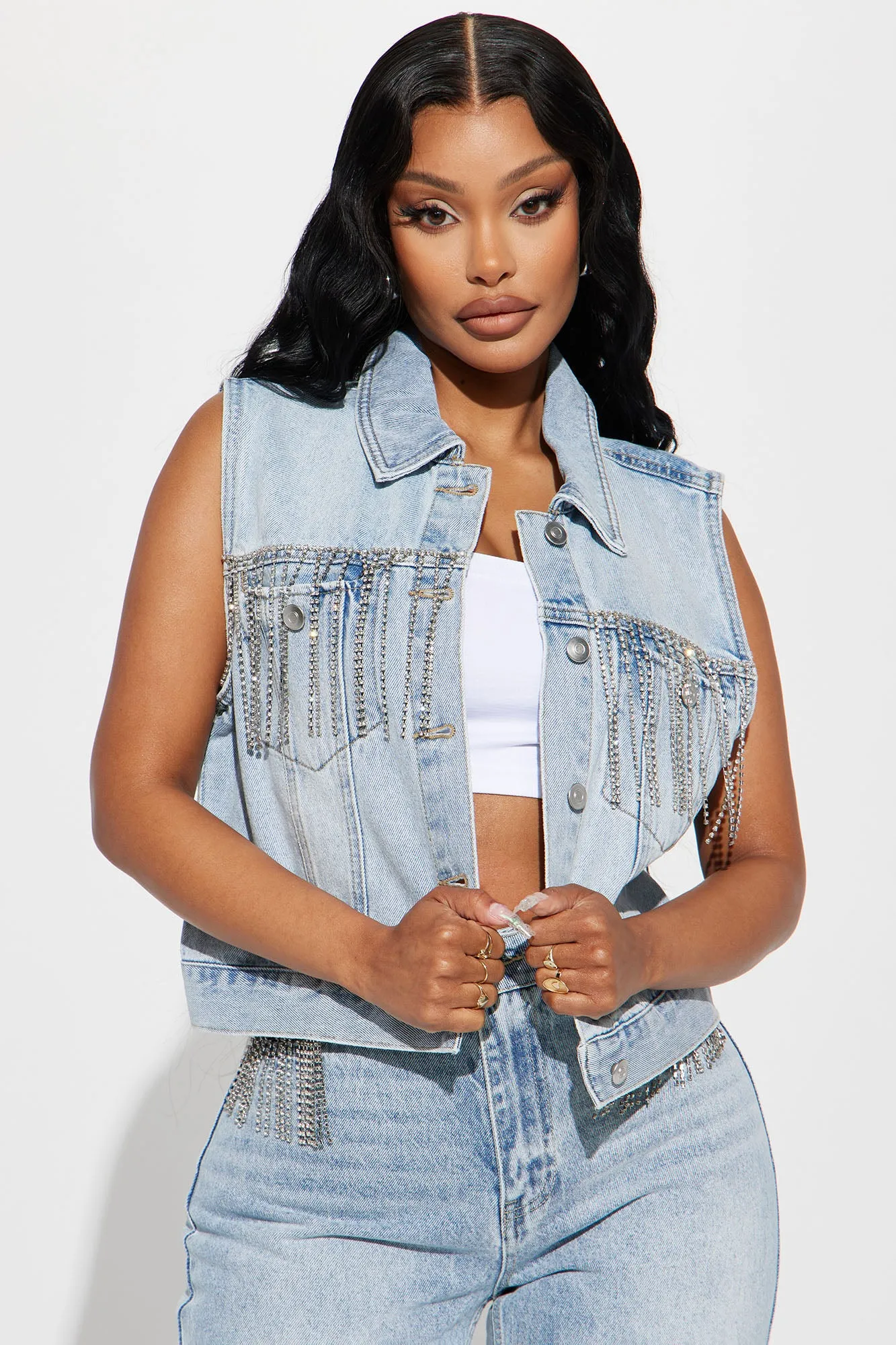 Amore Embellished Denim Trucker Vest - Light Blue Wash