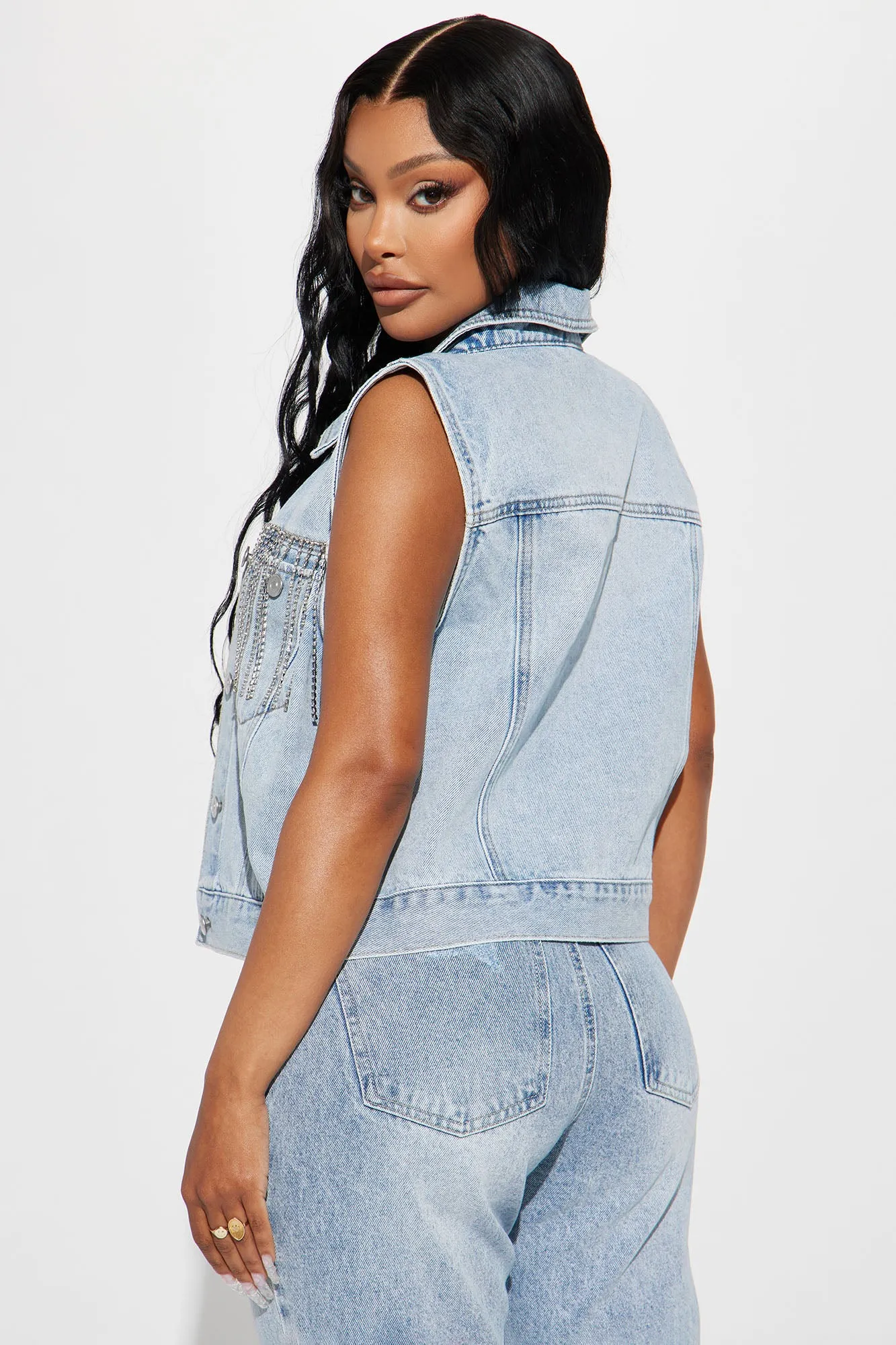 Amore Embellished Denim Trucker Vest - Light Blue Wash