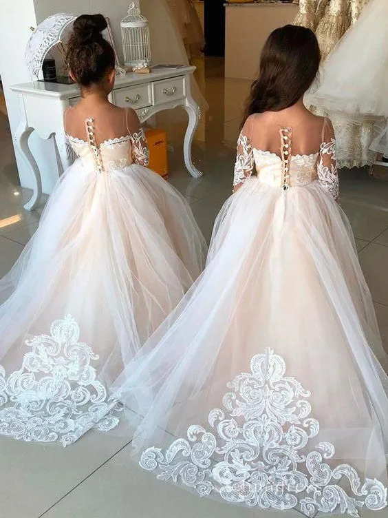 Ball Gown Long Sleeve Applique See Through Flower Girl Dresses With Bowknot GRS028