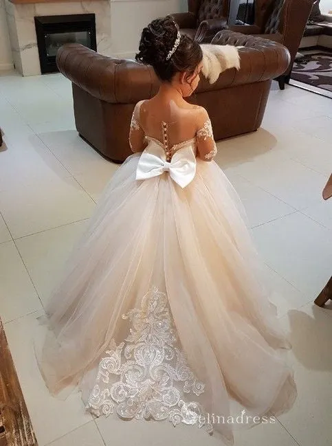 Ball Gown Long Sleeve Applique See Through Flower Girl Dresses With Bowknot GRS028