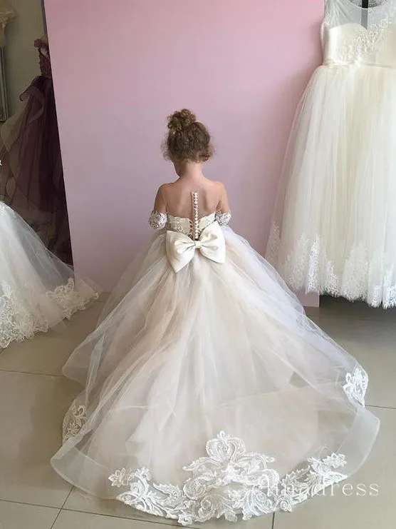 Ball Gown Long Sleeve Applique See Through Flower Girl Dresses With Bowknot GRS028