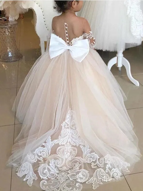 Ball Gown Long Sleeve Applique See Through Flower Girl Dresses With Bowknot GRS028