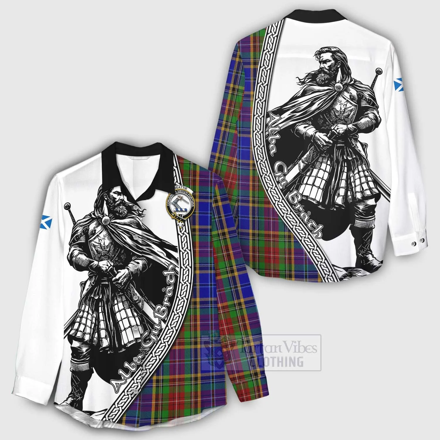 Beattie (Beatty) Tartan Clan Crest Women's Casual Shirt with Highlander Warrior Celtic Style