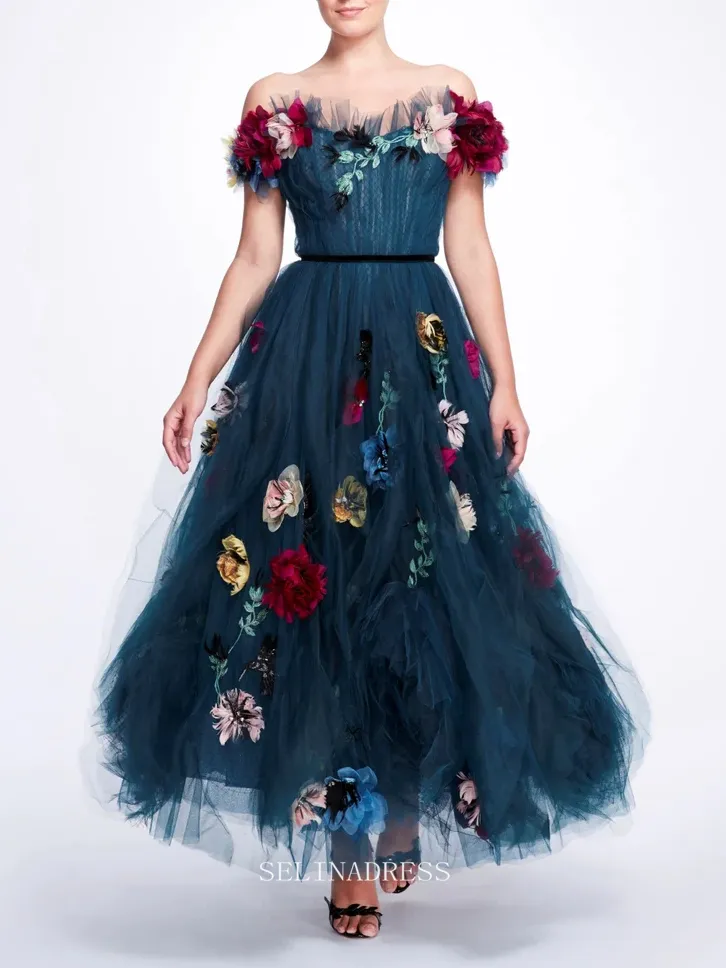 Beautiful Wedding A-Line Sweetheart Plus Size Off-Shoulder Dark Blue Tulle Dress 3D Flowered Evening Dress GRSD006