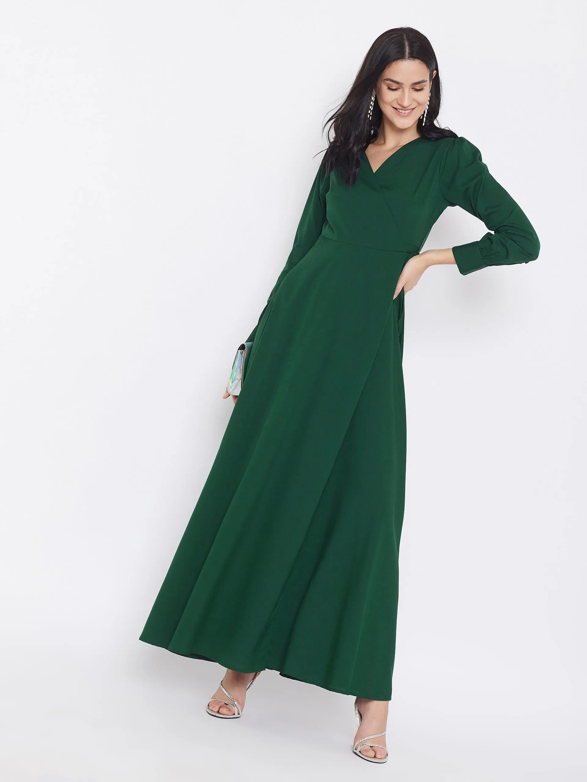 Berrylush Women Solid Dark Green V-Neck Tie-Up Wrap Maxi Dress