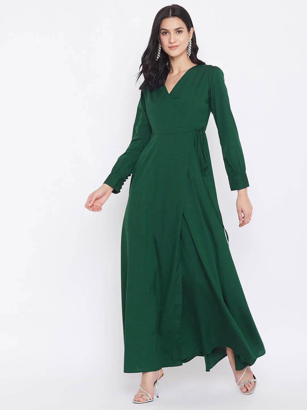 Berrylush Women Solid Dark Green V-Neck Tie-Up Wrap Maxi Dress