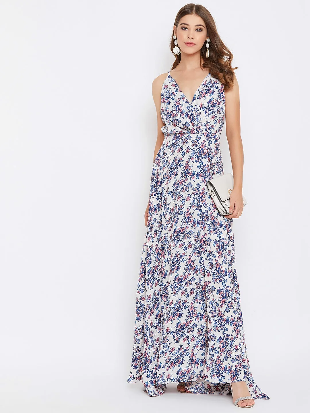 Berrylush Women White Ditsy Floral Printed V-Neck Layered Maxi Dress