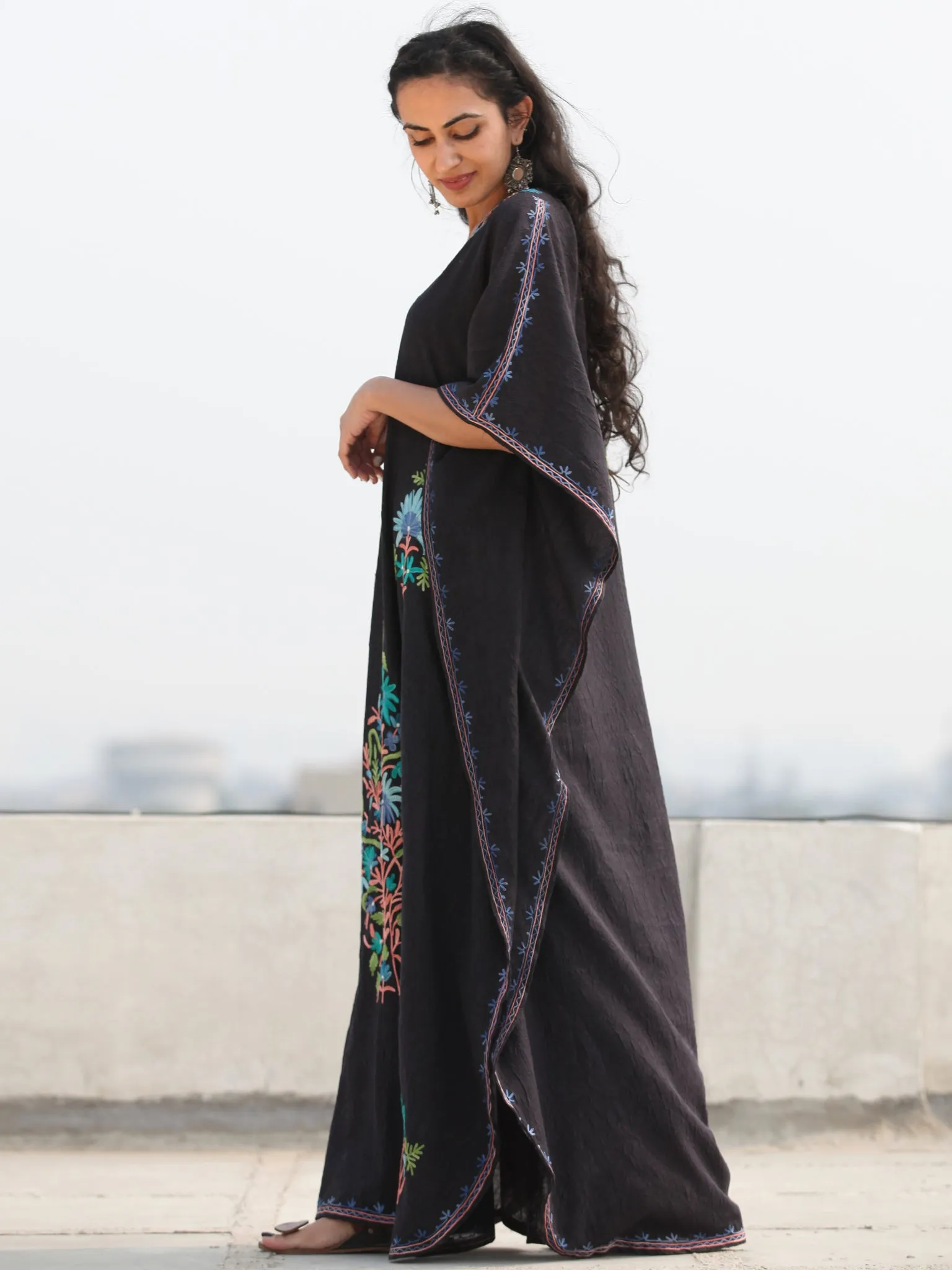 Black Aari Embroidered Kashmere Free Size Kaftan in Crushed Cotton - K11K069