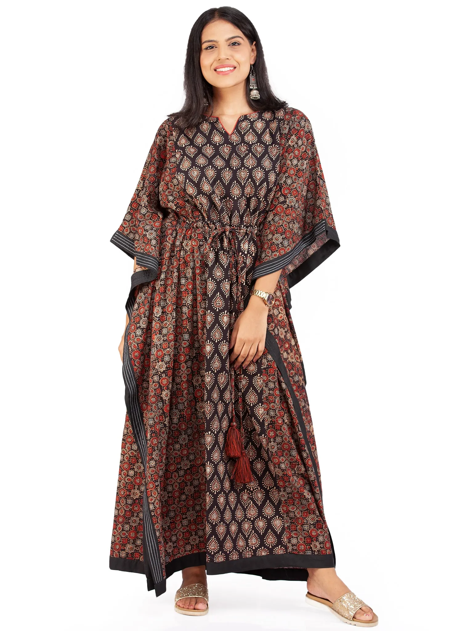 Black Red Ajrakh Hand Block Printed Kaftan - K145F1795