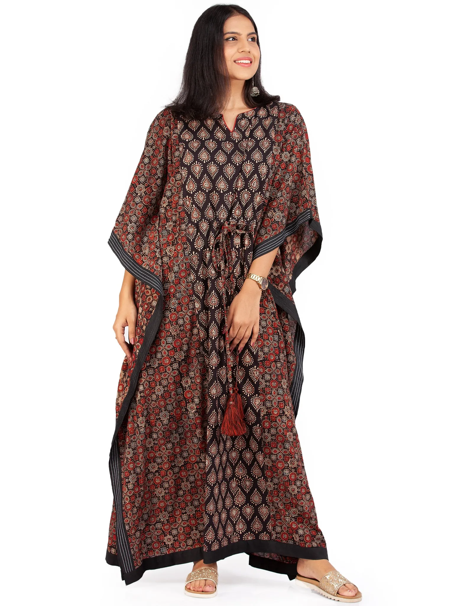 Black Red Ajrakh Hand Block Printed Kaftan - K145F1795