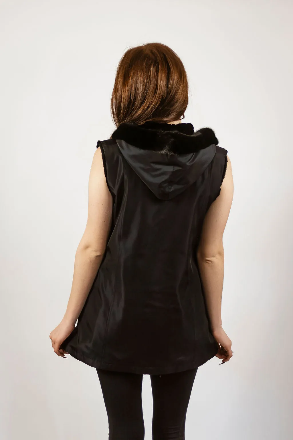 Black sheared mink hooded and reversible vest