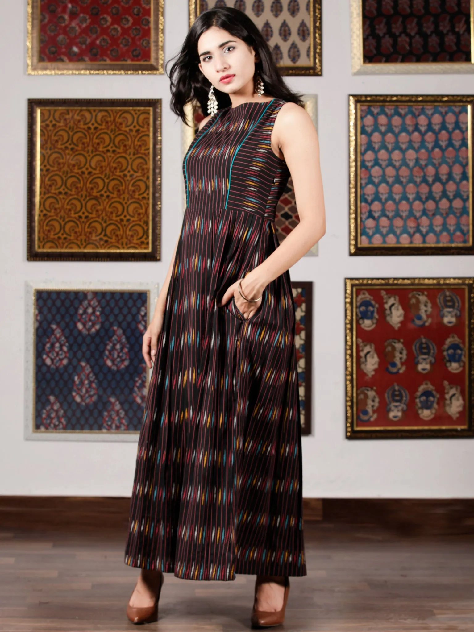 Black Turquoise White Yellow  Hand Woven Ikat Cotton Long Sleeveless Dress  - D267F1228