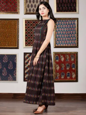 Black Turquoise White Yellow  Hand Woven Ikat Cotton Long Sleeveless Dress  - D267F1228