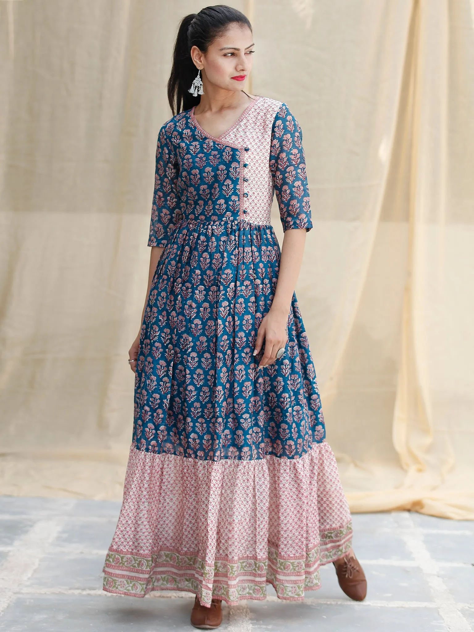 Blocks Ballad  -  Hand Block Printed Long Angrakha Chanderi Dress  - D355F1920