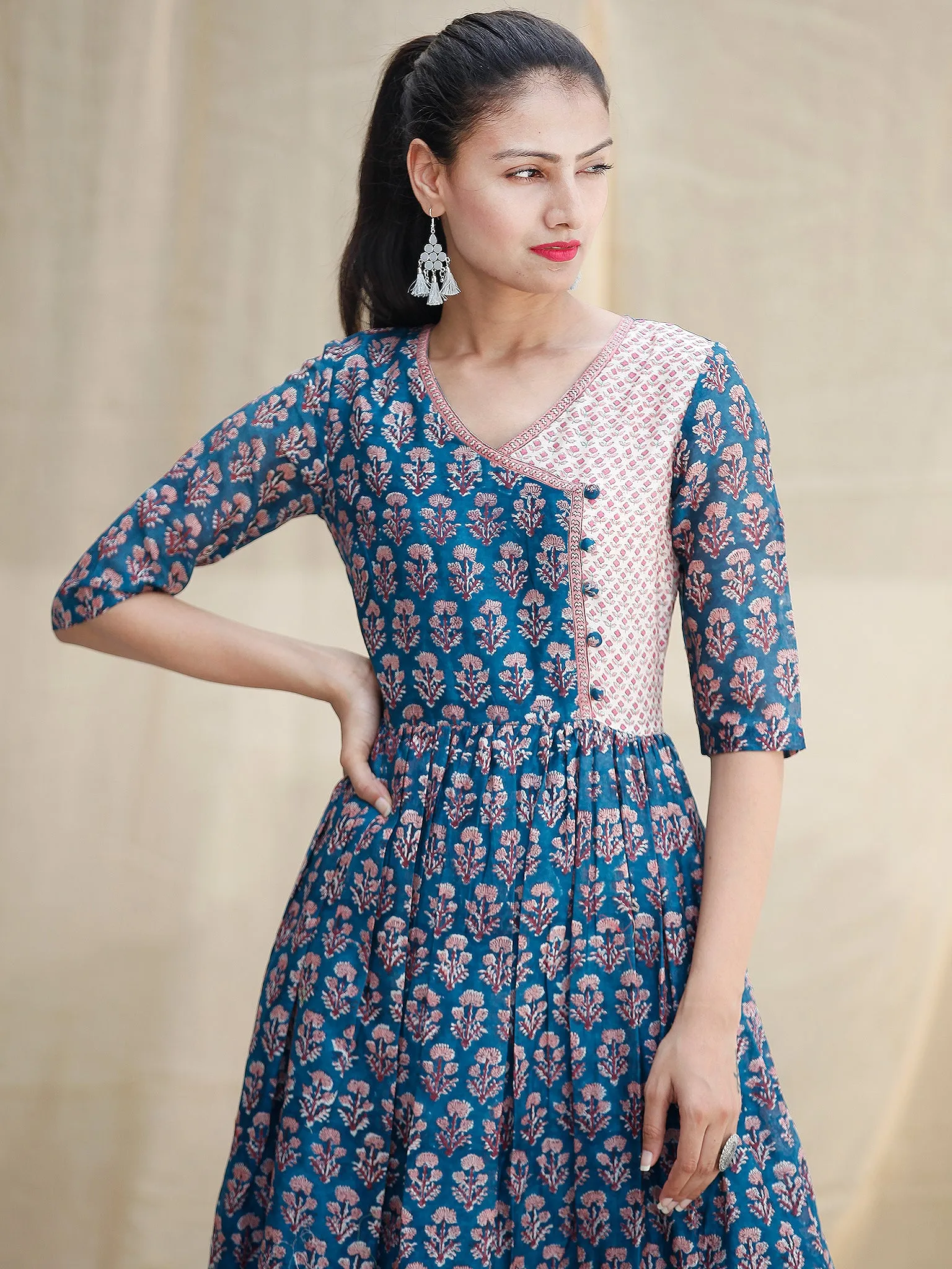 Blocks Ballad  -  Hand Block Printed Long Angrakha Chanderi Dress  - D355F1920