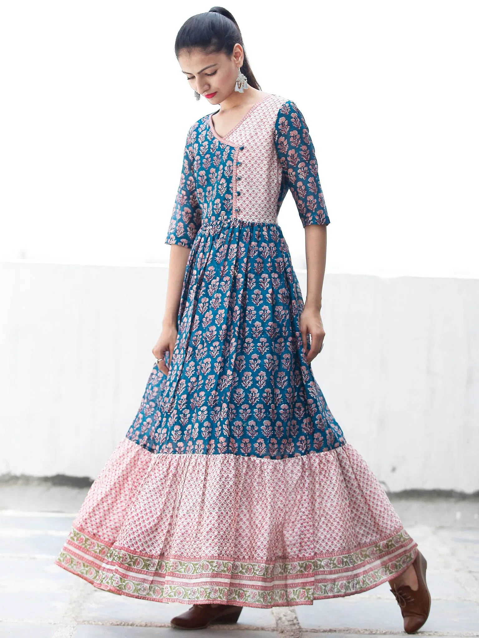 Blocks Ballad  -  Hand Block Printed Long Angrakha Chanderi Dress  - D355F1920