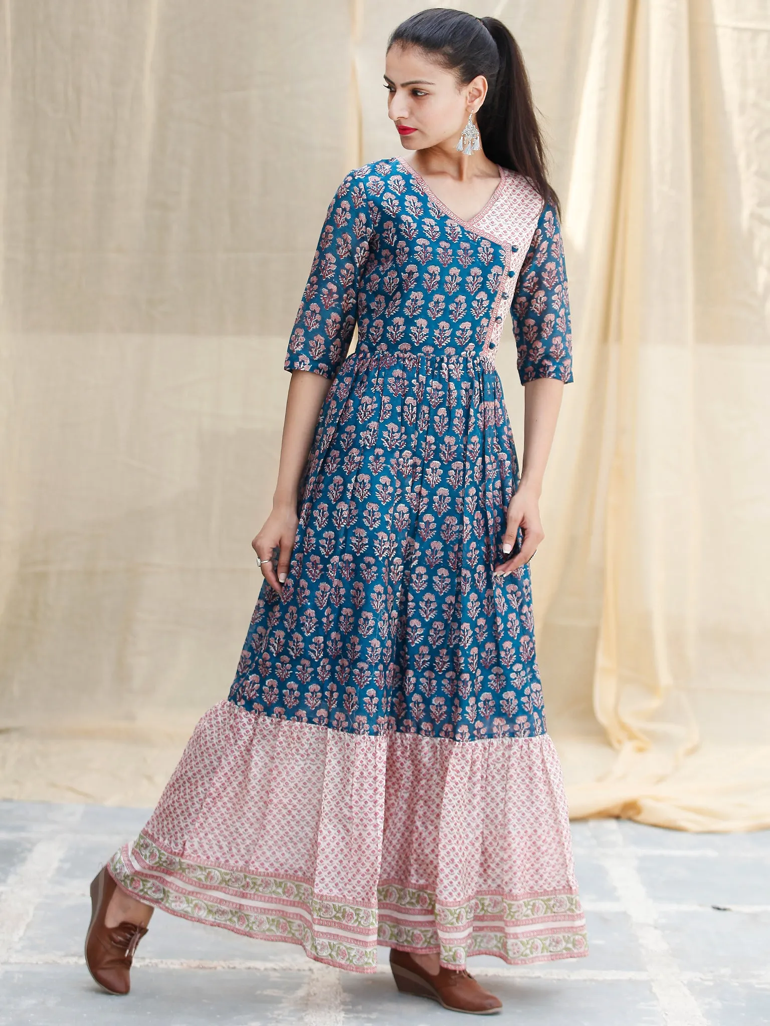 Blocks Ballad  -  Hand Block Printed Long Angrakha Chanderi Dress  - D355F1920