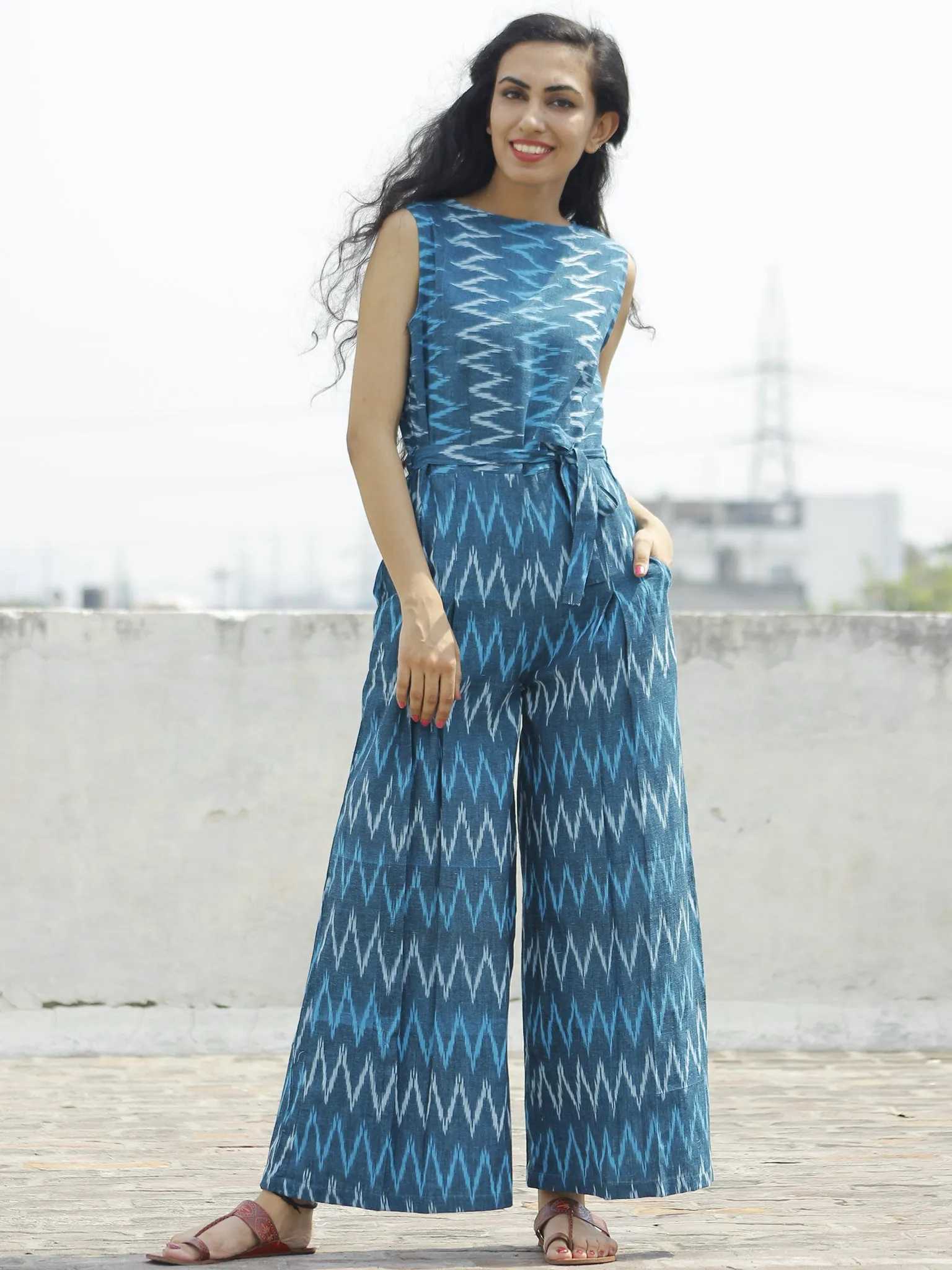 Blue Ivory Handloom Ikat Cotton Jumpsuit With Back Zip -  D112F947