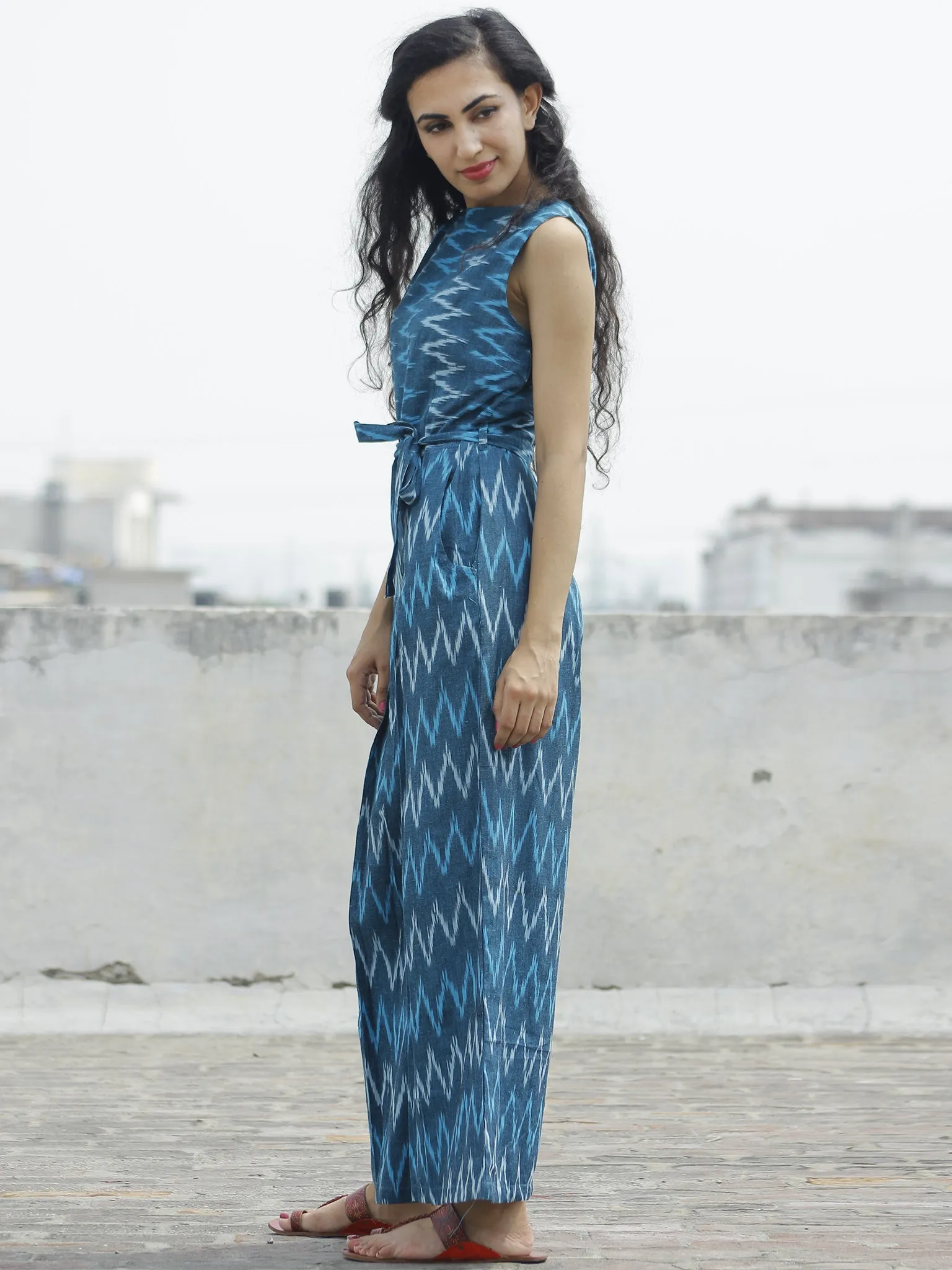 Blue Ivory Handloom Ikat Cotton Jumpsuit With Back Zip -  D112F947