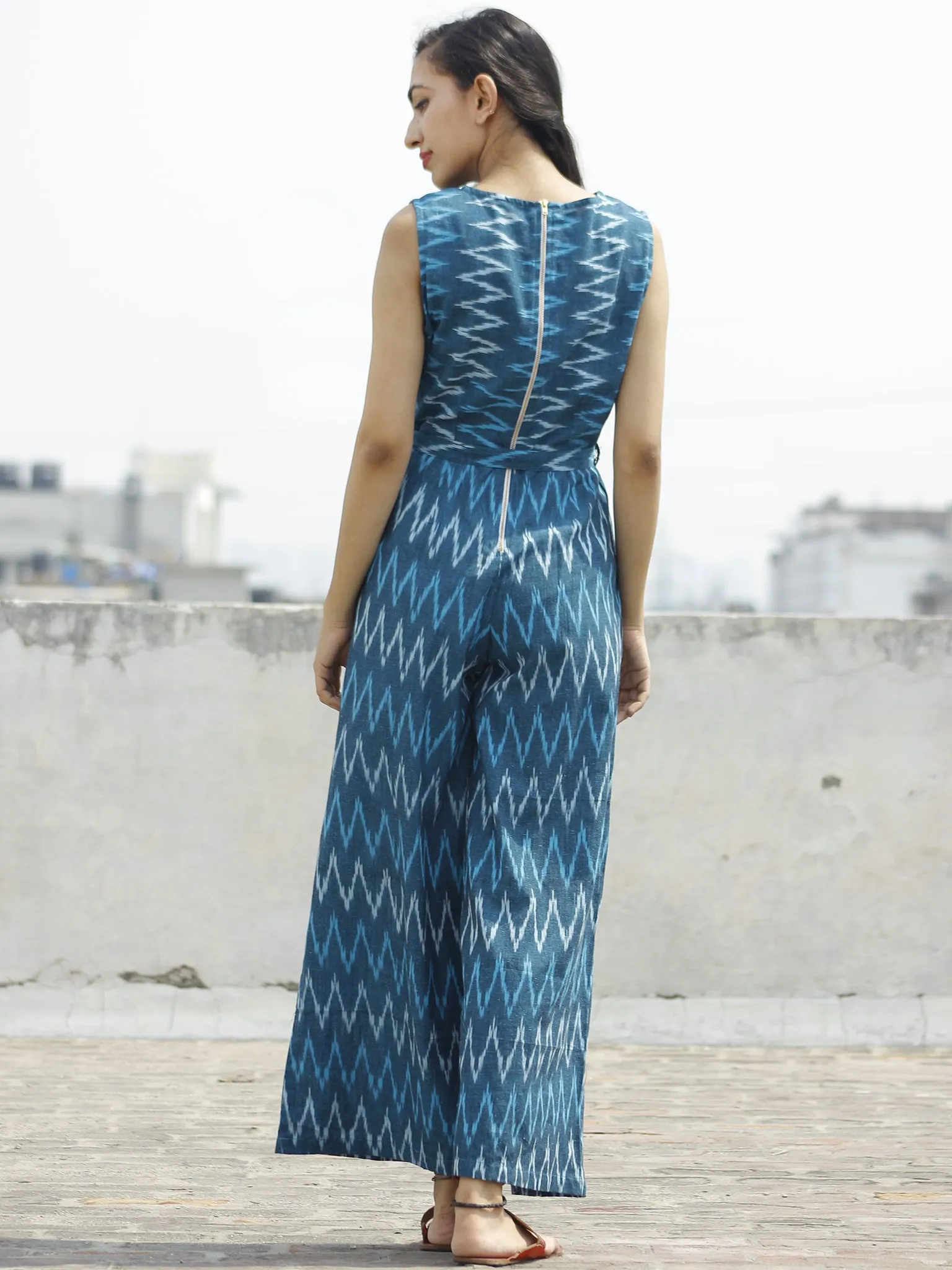 Blue Ivory Handloom Ikat Cotton Jumpsuit With Back Zip -  D112F947