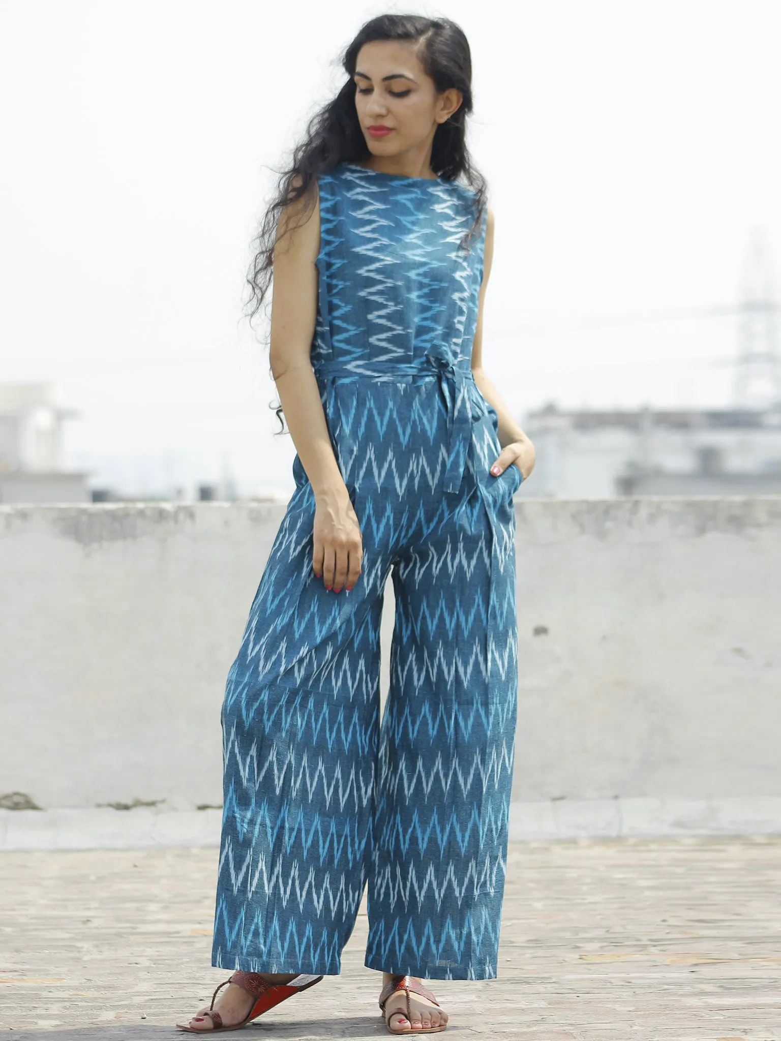 Blue Ivory Handloom Ikat Cotton Jumpsuit With Back Zip -  D112F947