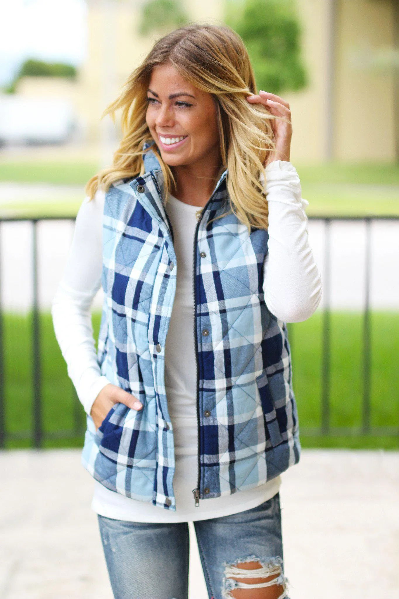 Blue Plaid Vest With Pockets