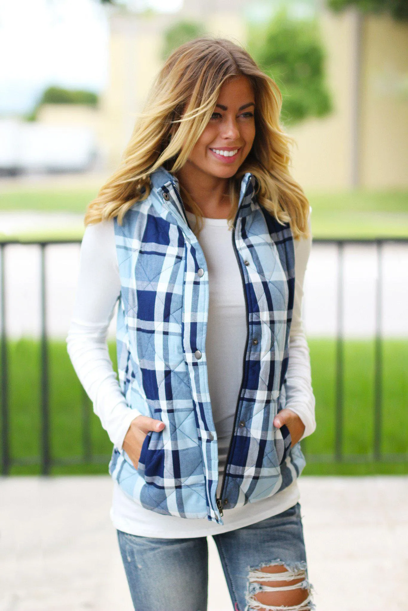 Blue Plaid Vest With Pockets