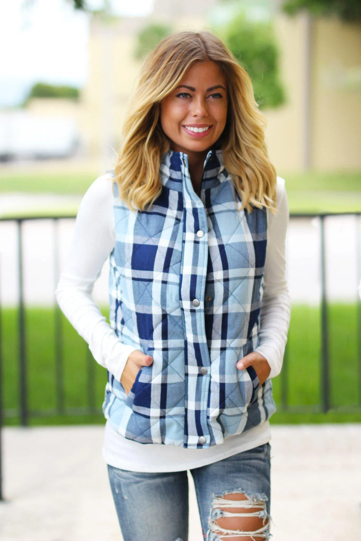 Blue Plaid Vest With Pockets