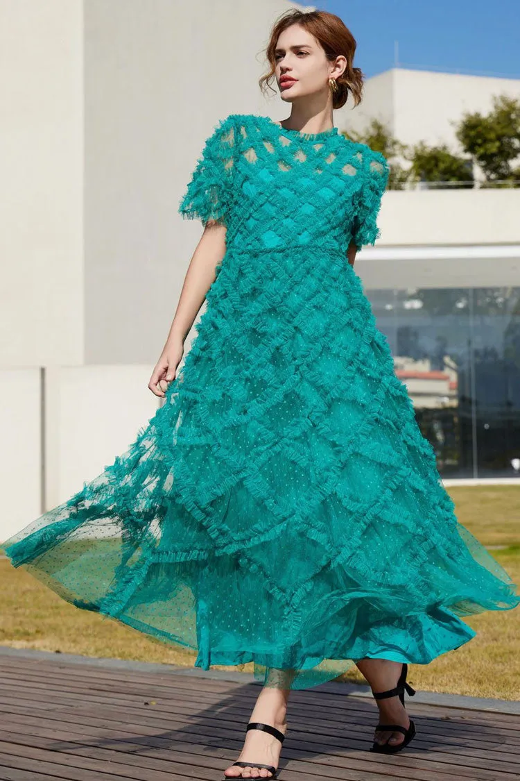 Breezy Mock Neck Polka Dot Tulle Summer Ruffled Evening Maxi Dress - Emerald Green