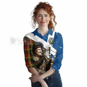 Buchanan Tartan Women's Casual Shirt with Family Crest Scottish Bagpiper Vibes