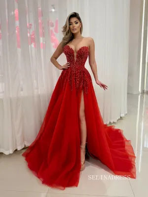 Chic A-line Strapless Elegant Red Long Prom Dresses Thigh Split Beaded Evening Dress sew03343