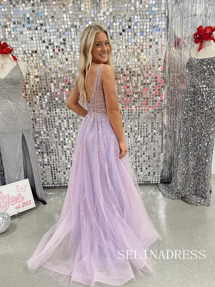 Chic A-line V neck Lavender Sheer Beaded Sparkly Tulle Prom Dresses lpk526