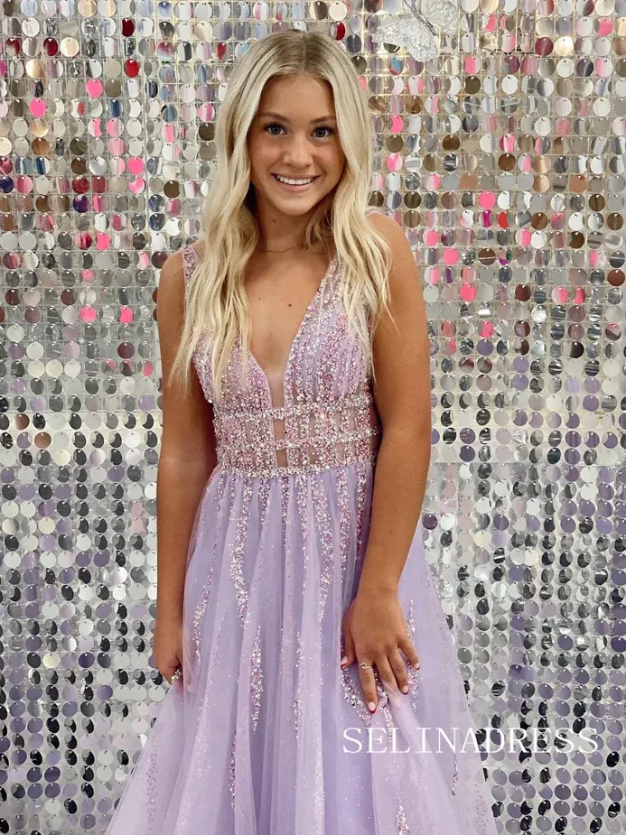 Chic A-line V neck Lavender Sheer Beaded Sparkly Tulle Prom Dresses lpk526