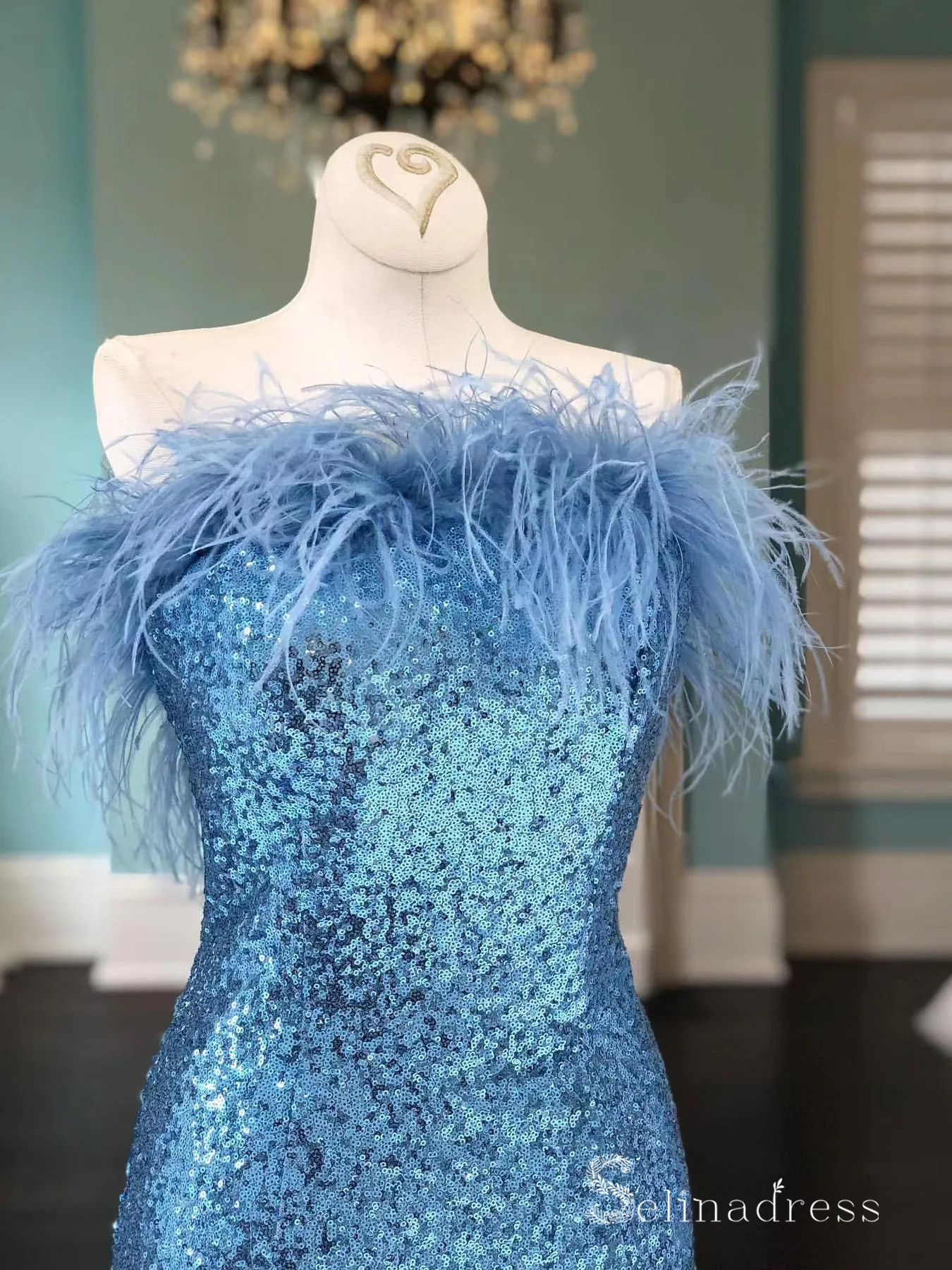 Chic Sheath/Column Strapless Sequins Feather Blue Long Prom Dresses Evening Dresses MLH2012