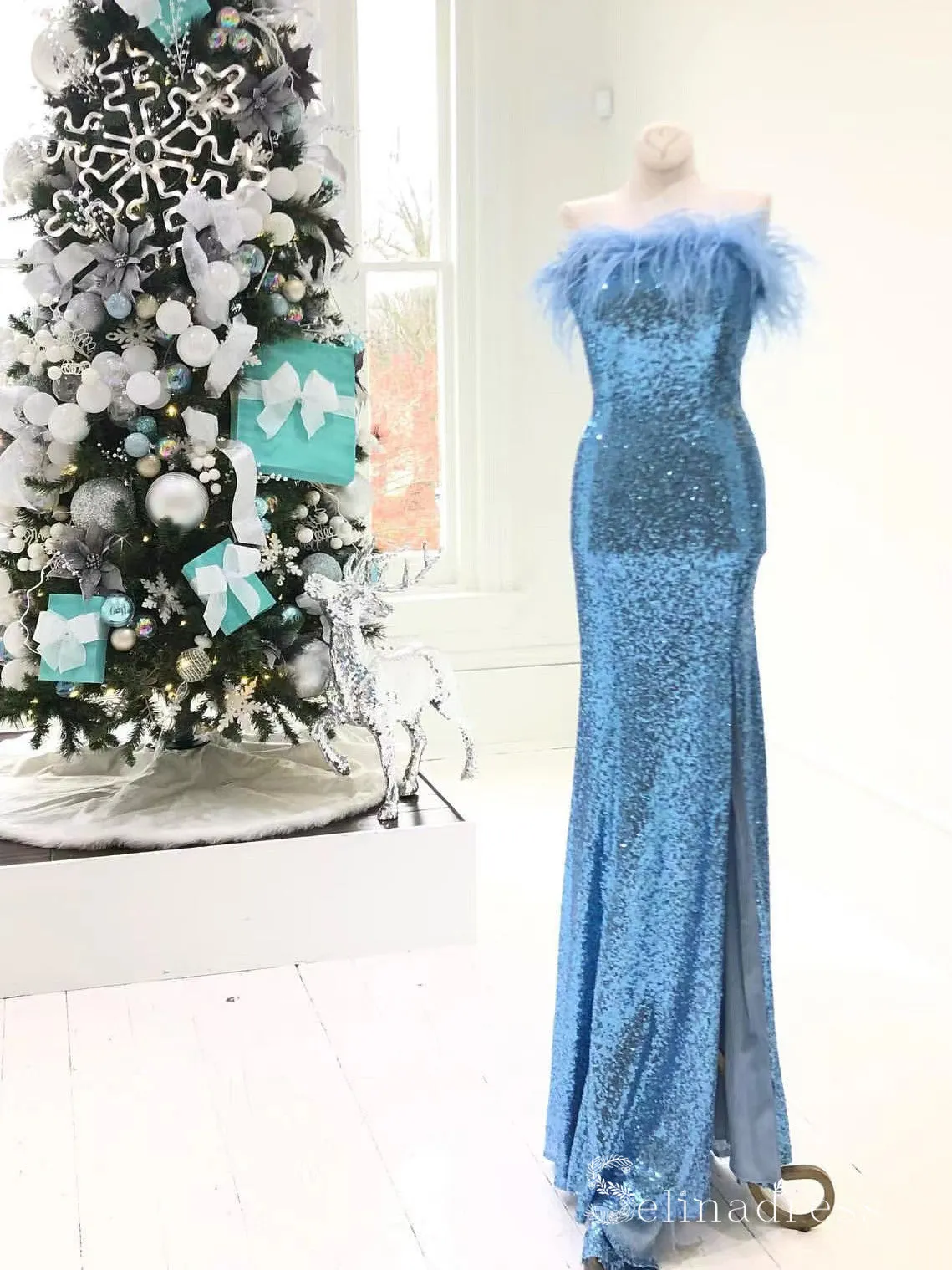 Chic Sheath/Column Strapless Sequins Feather Blue Long Prom Dresses Evening Dresses MLH2012