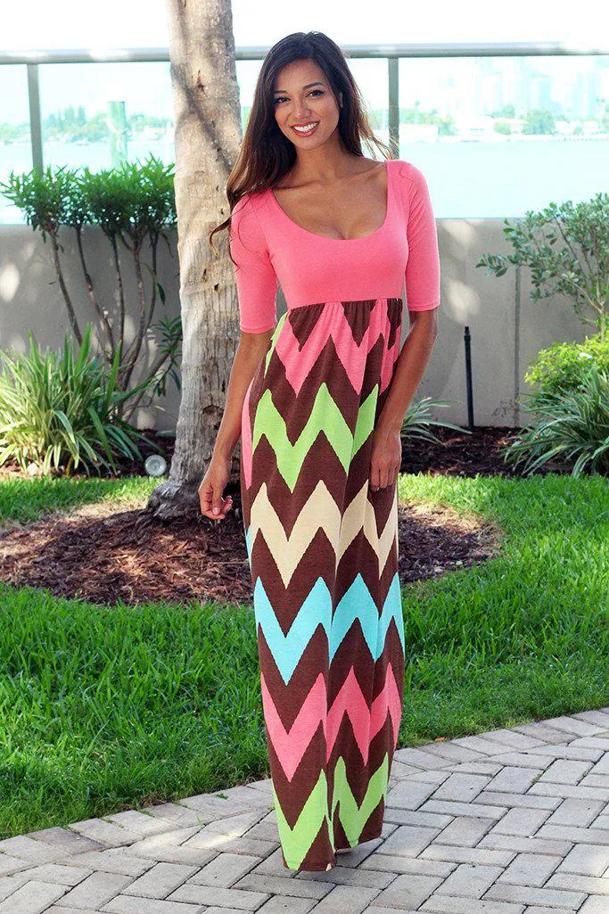 Coral Chevron Maxi Dress with 3/4 Sleeves