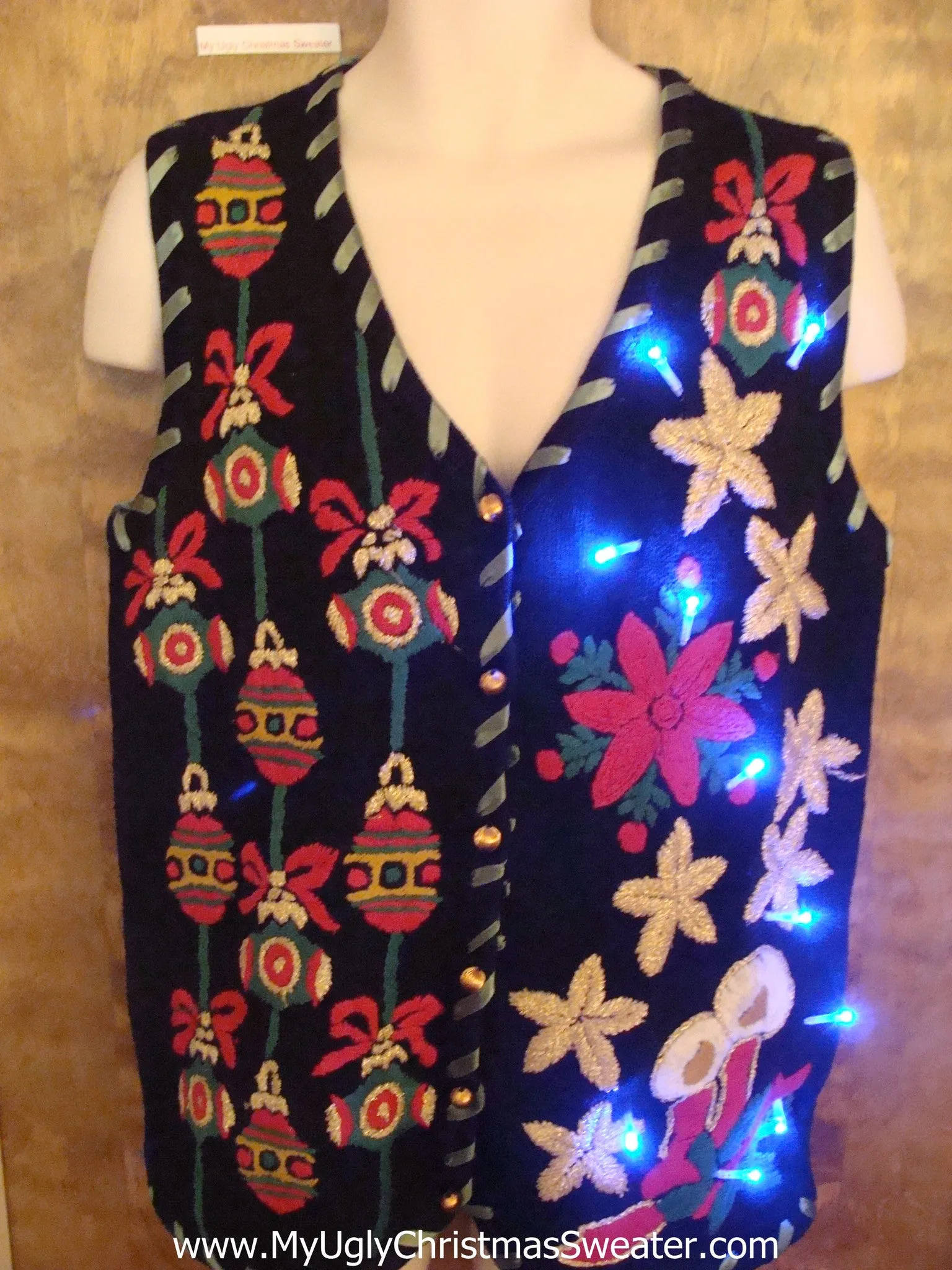 Crazy Ornaments and Poinsettias Light Up Ugly Xmas Sweater Vest