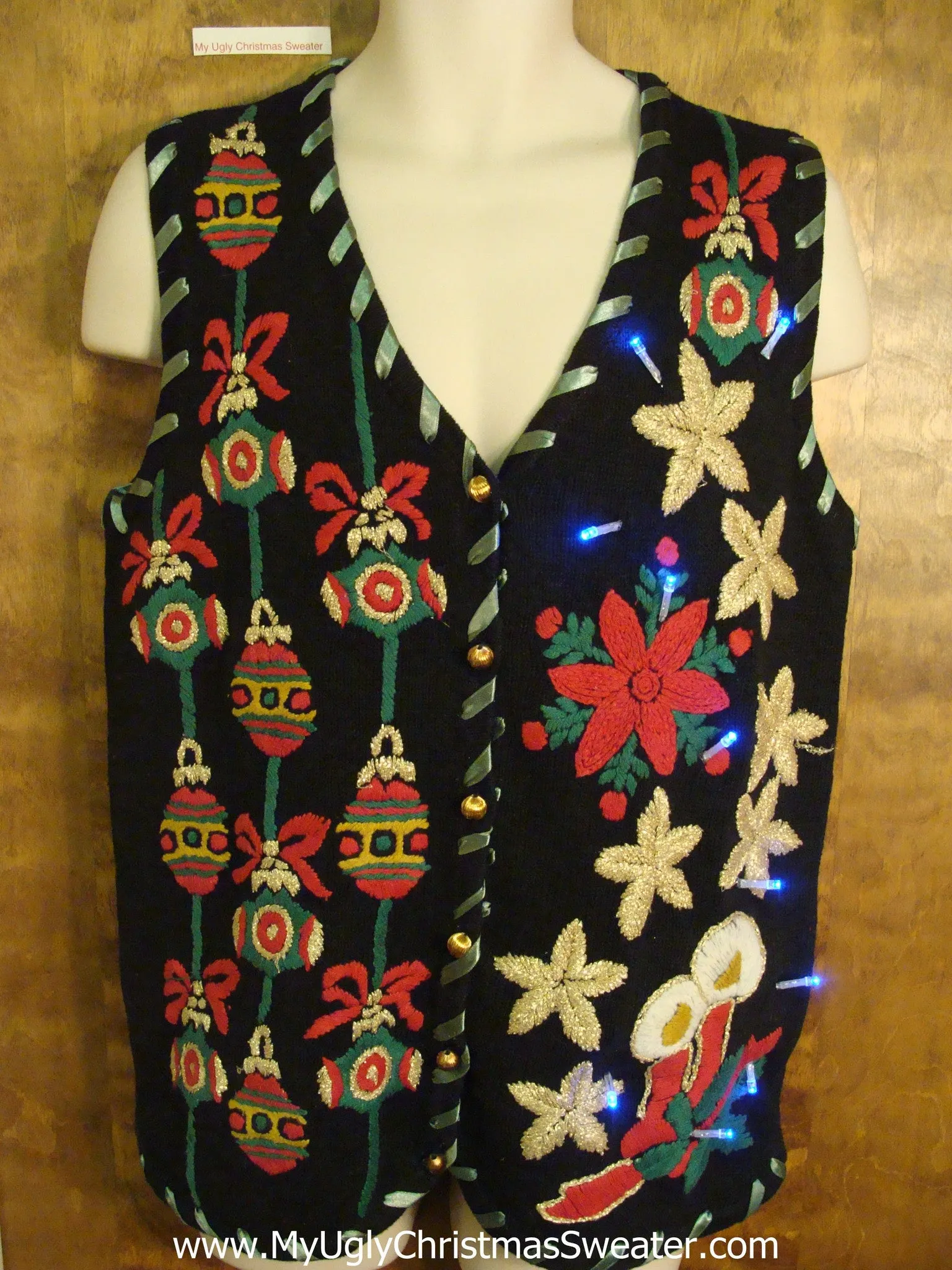 Crazy Ornaments and Poinsettias Light Up Ugly Xmas Sweater Vest