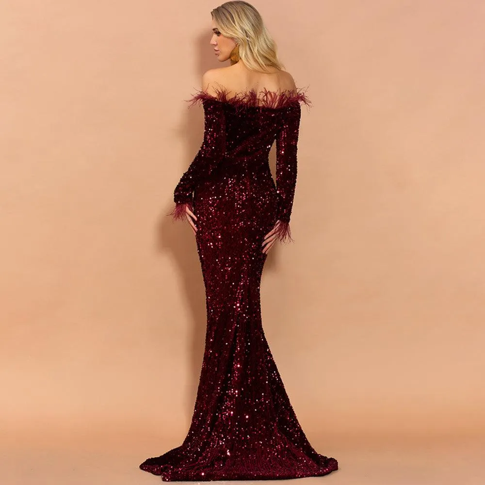 Crimson Red Feathered Mermaid Sequins Dress