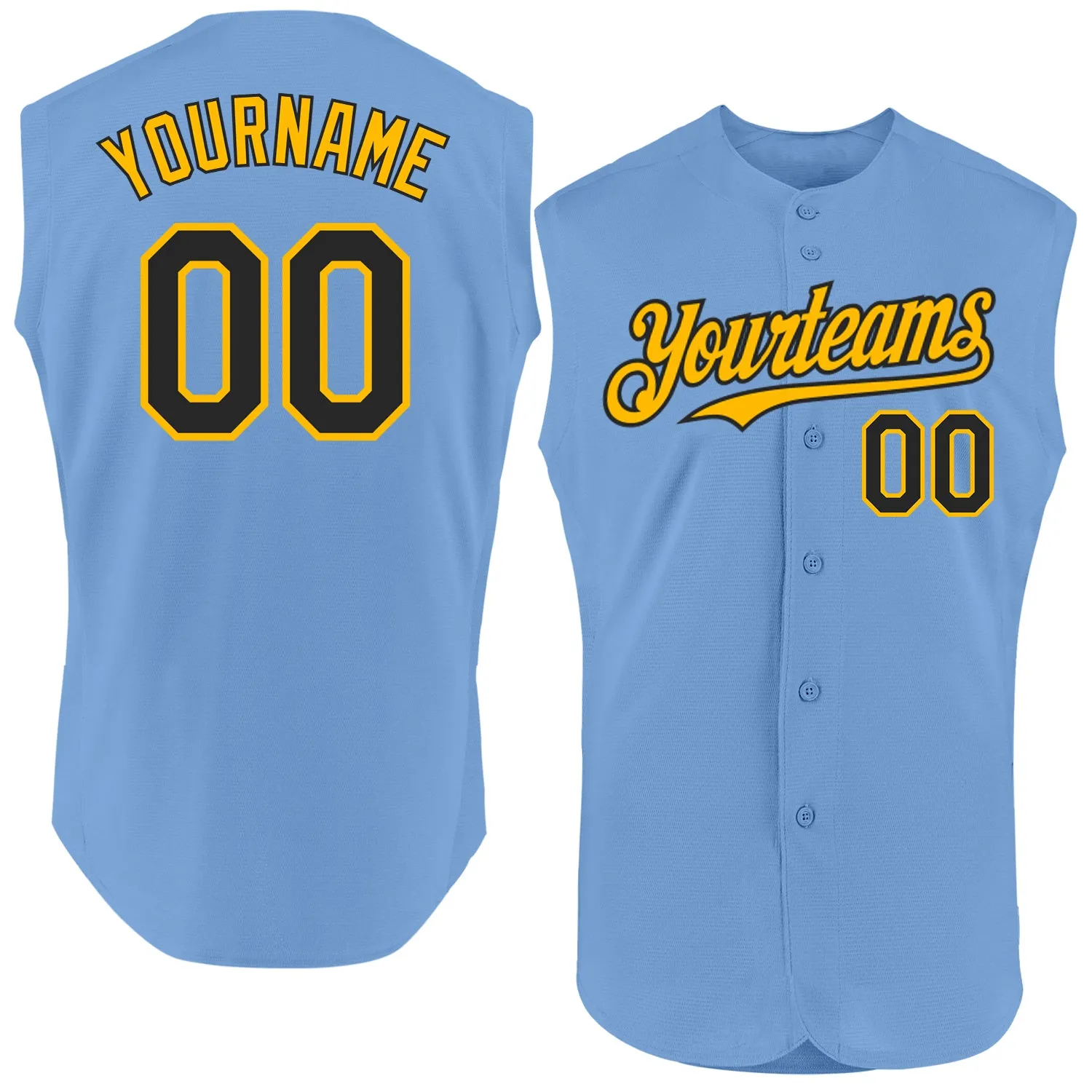 Custom Light Blue Black-Gold Authentic Sleeveless Baseball Jersey