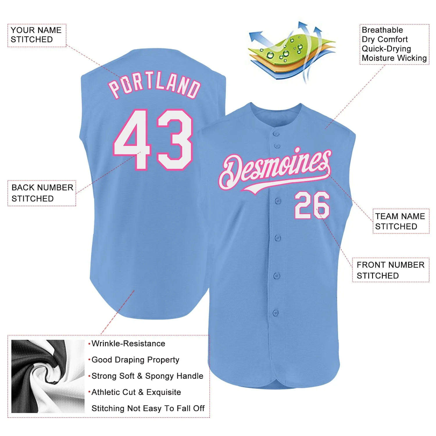 Custom Light Blue White-Pink Authentic Sleeveless Baseball Jersey